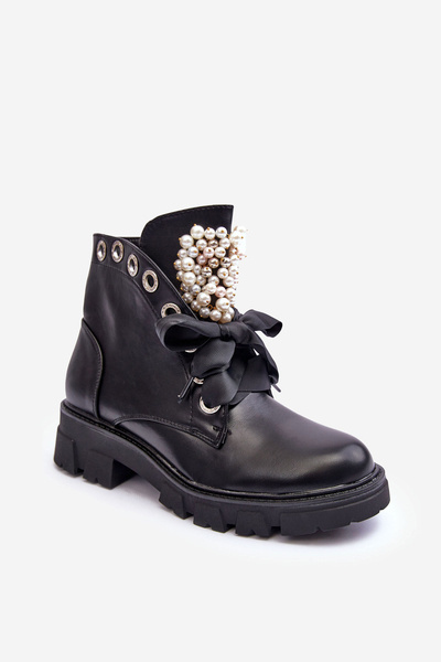 Bottines Basses Embellies En Cuir Sur Talon Plat Noir Binga