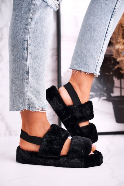 Plateau Damen Pantoffeln Pelz Schwarz Zuckerwatte