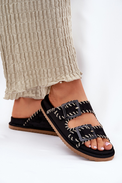 Sandales Pour Femmes Avec Boucles Et Couture Décorative Noires Visley
