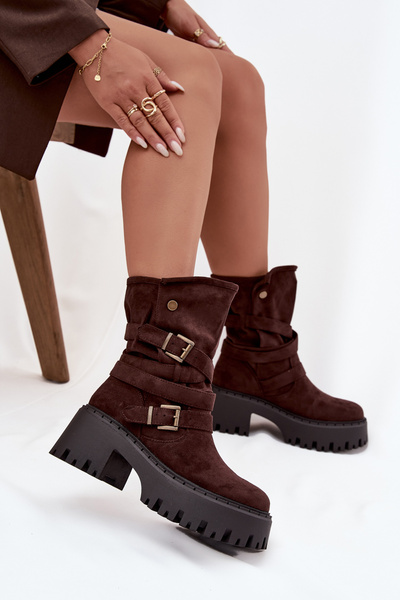 Bottines pour femmes à talon épais avec boucles et ceinture chocolat Nerelisa
