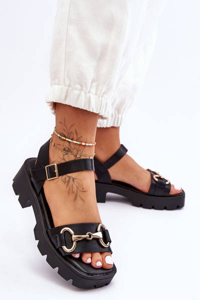 Damen-Ledersandalen mit Verzierung Schwarz Emori
