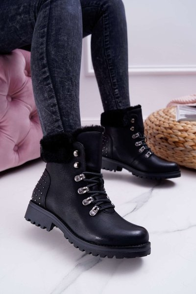 Damen Pelz Trapper Stiefel Schwarz Ergost