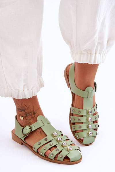 Flache Damensandalen mit Zirkonen Grün Ascot