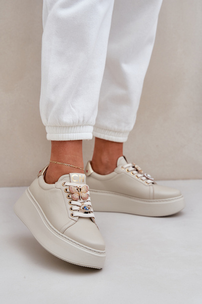 Damen Leder Sneakers Auf Plattform Mit Verzierungen CheBello 4292 Hellbeige