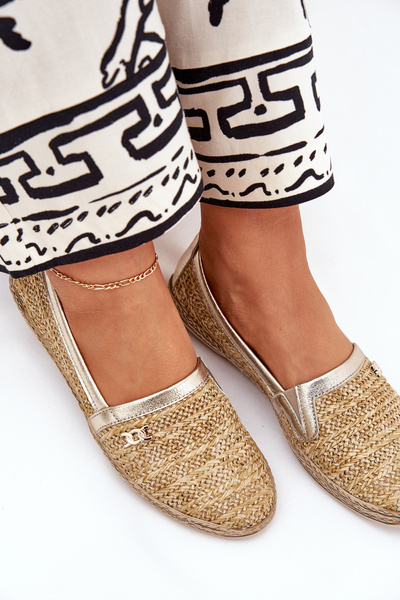 Elegante Leder-Espadrilles Mit Geflecht Beige-Gold Zazoo 10178