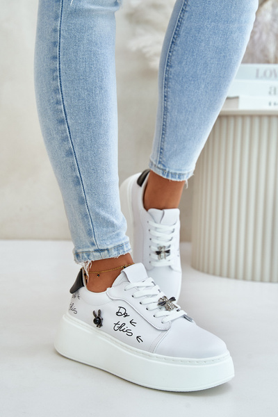 Women's Leather Sneakers On Platform With Clip And Text 89102 White