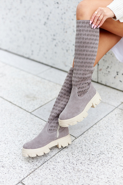 Bottines Hautes En Daim Ajouré Marron Clair Eldime