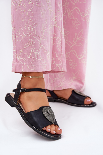 Damen Sandalen Mit Flachem Absatz Und Dekoration S.Barski KV51-098 Schwarz