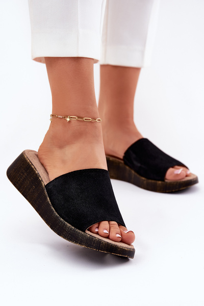 Papuci Din Suede Pentru Femei Cu Toc Panto Fino Negri RR267043