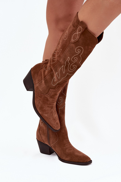 Suede Cowboy Batai Moterims Su Kulnu Camel Karira
