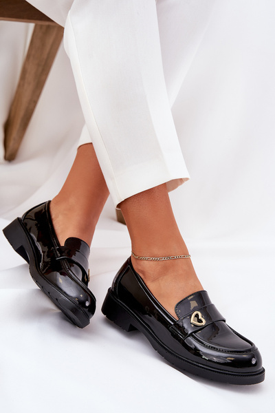 Mocassins Vernis Pour Femmes Avec Coeur Noirs S.Barski HY51-379