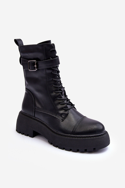 Leather Ankle Boots With Flat Heel And Buckle Black Samivlo