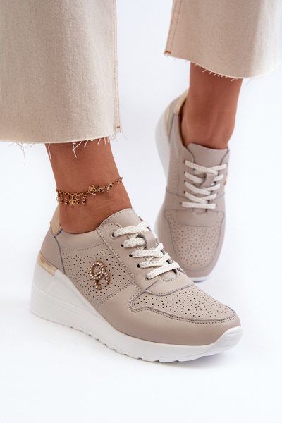 Baskets en Cuir à Semelle Compensée pour Femme Beige S.Barski LR810