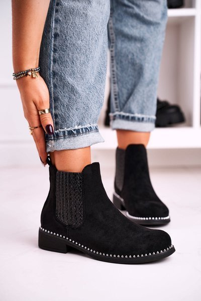 Damen Strass Stiletto Stiefel Wildleder Schwarz Meagan