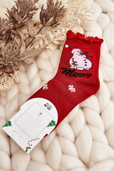Chaussettes de Noël brillantes pour femmes avec bonhomme de neige rouge