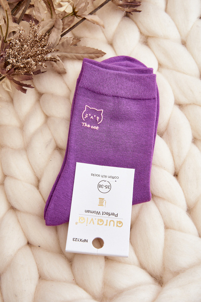 Chaussettes femme unies avec chat violet