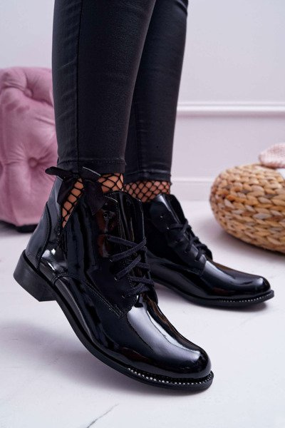 Damen Flacher Absatz Booties Lackiert Schwarz Nicole 2420