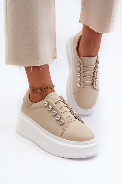 Women's Leather Sneakers on Chunky Platform Beige S.Barski LR628