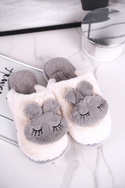Chaussons Fourrure Femme Lapin Blanc Gris