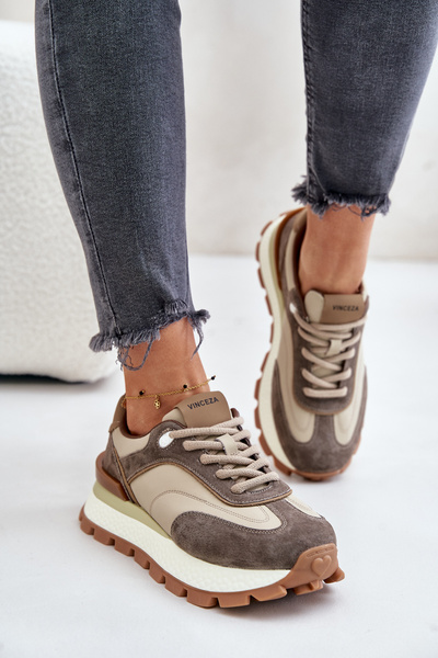 Baskets à plateforme pour femmes en cuir naturel beige Vinceza 41465