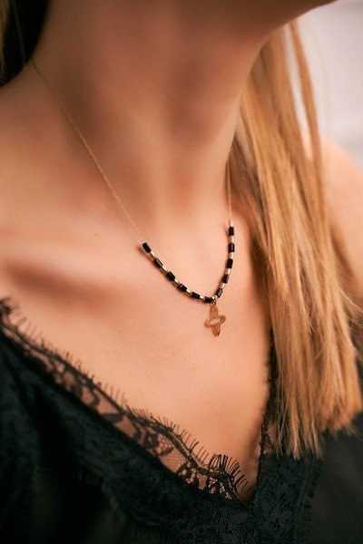 Collier Femme Or Chaîne Boules Noires Fleur Cecilia