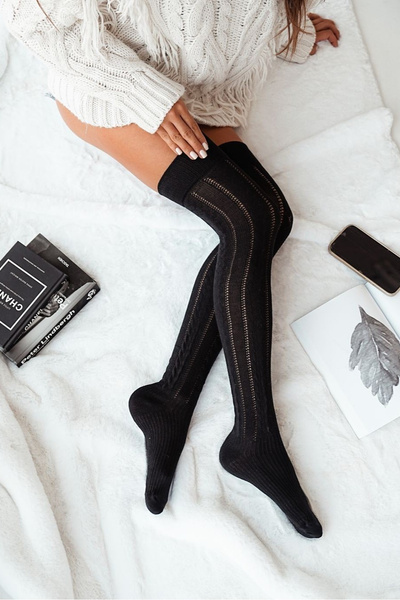 Damen Kniestrümpfe mit Spitzenzopf schwarz