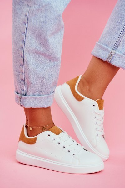 Sportliche Damen Schuhe Weiß mit Camel Absatz Milly