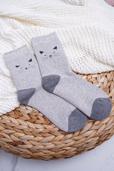 Chaussettes chaudes femme gris avec chat