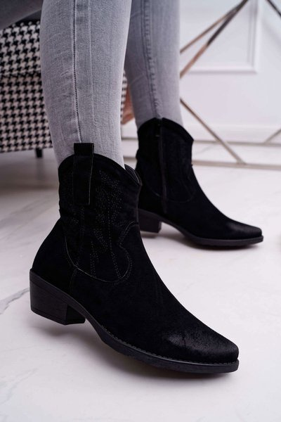 Cizme de cowboy pentru femei din piele de căprioară Black Black Black
