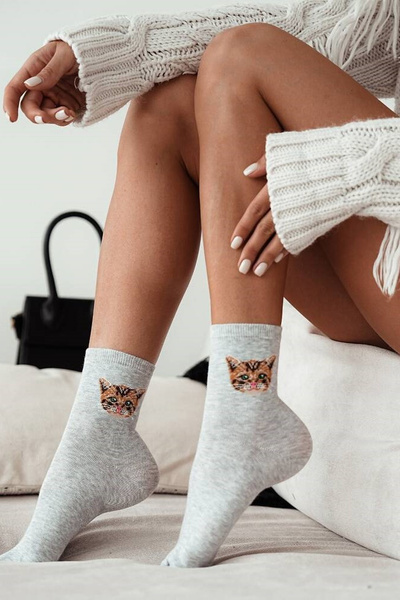 Damen Baumwollsocken Mit Kätzchen Grau