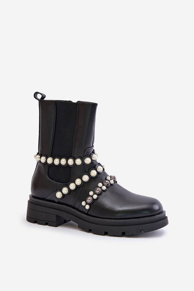 Botine Chelsea Damă Cu Curele Decorative Negre Sintitia
