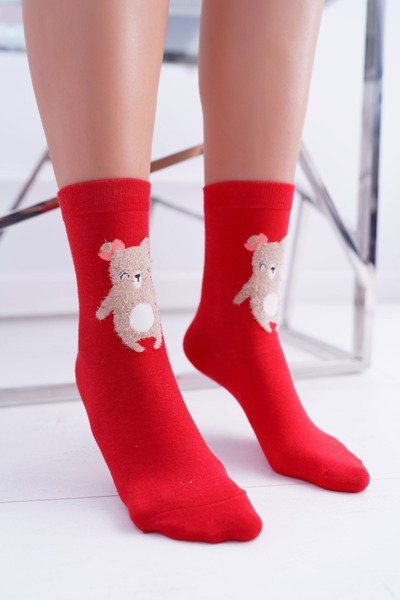 Chaussettes de Noël pour femme rouges avec ours en peluche