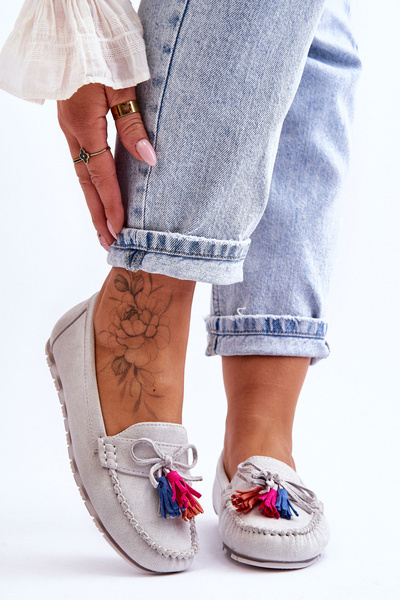 Mocassins En Daim Avec Noeud Et Franges Gris Dorine