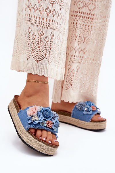 Damen-Platformsandalen mit Geflecht und Blumen blauen Chellia