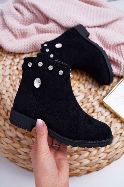 Youthful Black Boots with Crystals Flat Heel Venici