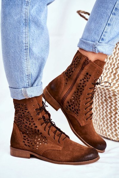 Bottines Femme À Talon Plat En Cuir Camel Meridan