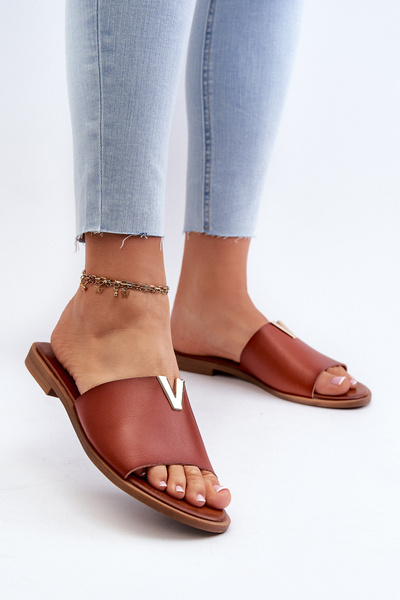 Pantoufles À Talon Plat En Cuir Écologique Pour Femmes Marron Maliha
