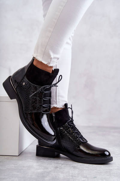 Boots Lacées Chaudes Laquées Noir Cathrine