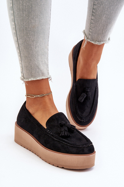 Mocassins Plateforme Femme à Pompons Noir Mialani