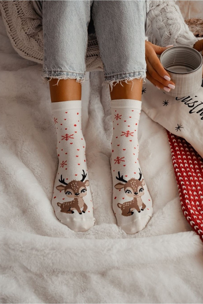 Women's Christmas Socks Reindeer Ecru