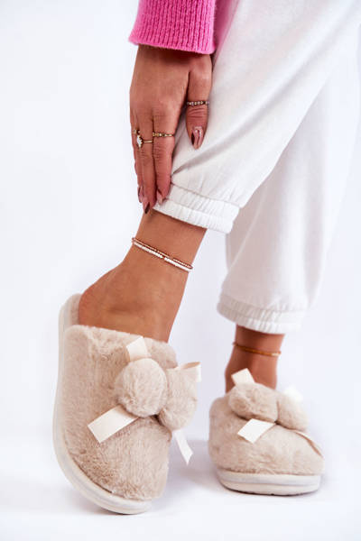 Chaussons Fourrure Femme Avec Pompons Beige Castello