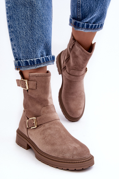 Bottines à Talon Plat avec Boucles pour Femme Beige Foncé Bliggore