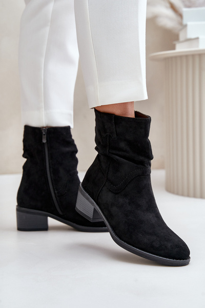 Bottines chaudes pour femmes avec tige froncée sur talon bas noir Zinanya