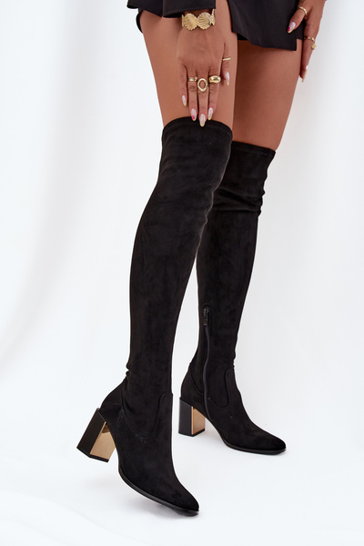 Damen Kniehohe Stiefel Mit Absatz Aus Öko Wildleder Schwarz Jelina