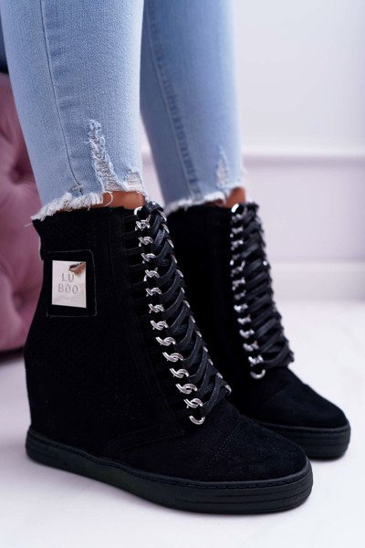 Women's Lu Boo Openwork Suede Sneakers Black Clamma