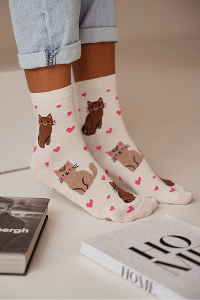 Chaussettes Femmes Chats et Cœurs Ecru