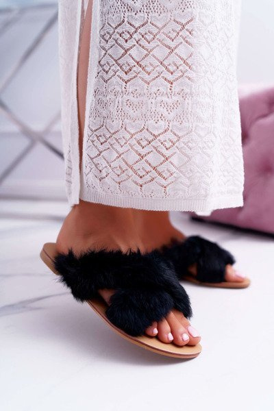 Tongs Fourrées Pour Femmes Lu Boo Noir
