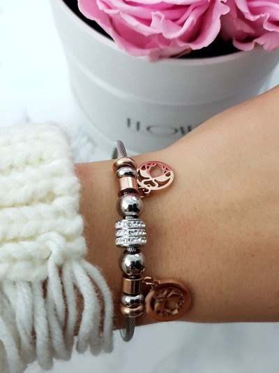 Moteriška apyrankė ant plieninės vielos su pakabukais „Flamingo Charms“.