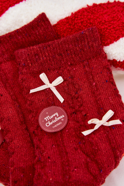 Women's Christmas Socks With Bow Decorations Alpaca Wool Red