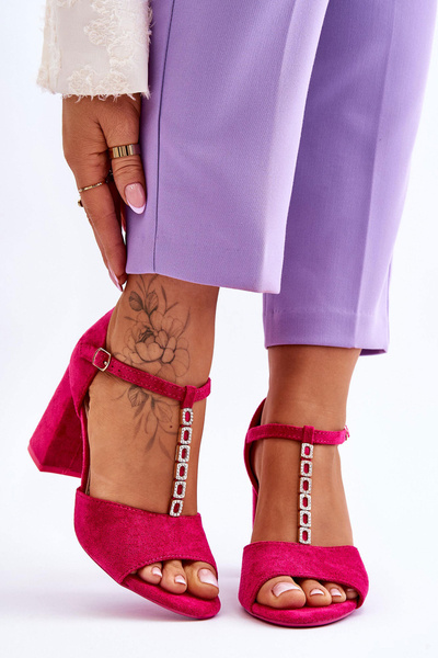 Sandale cu toc înalt din piele de căprioară cu zirconia cubică fuchsia aniya